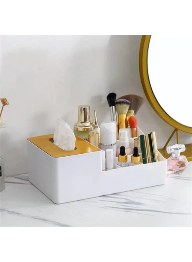 KITCHENOO 6-Compartment Plastic Tissue Box Organizer with Holder, Multifunctional Desk Storage for Remote, Phone, Pens - Home Office Cube Organizer with Multi-Use Sections - Image 1