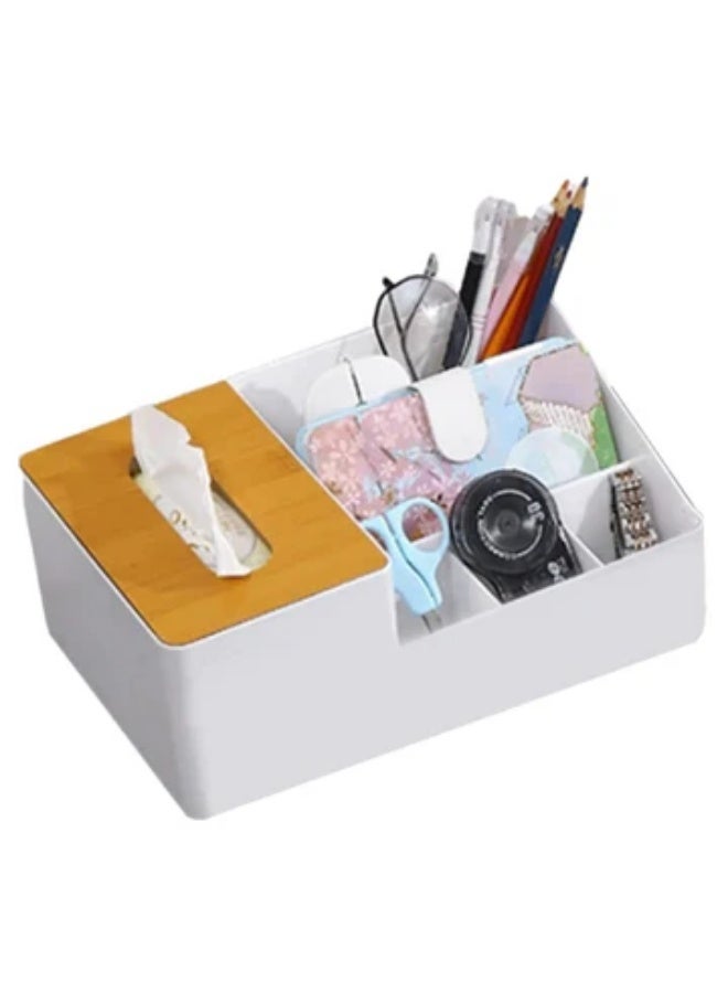 KITCHENOO 6-Compartment Plastic Tissue Box Organizer with Holder, Multifunctional Desk Storage for Remote, Phone, Pens - Home Office Cube Organizer with Multi-Use Sections - Image 2