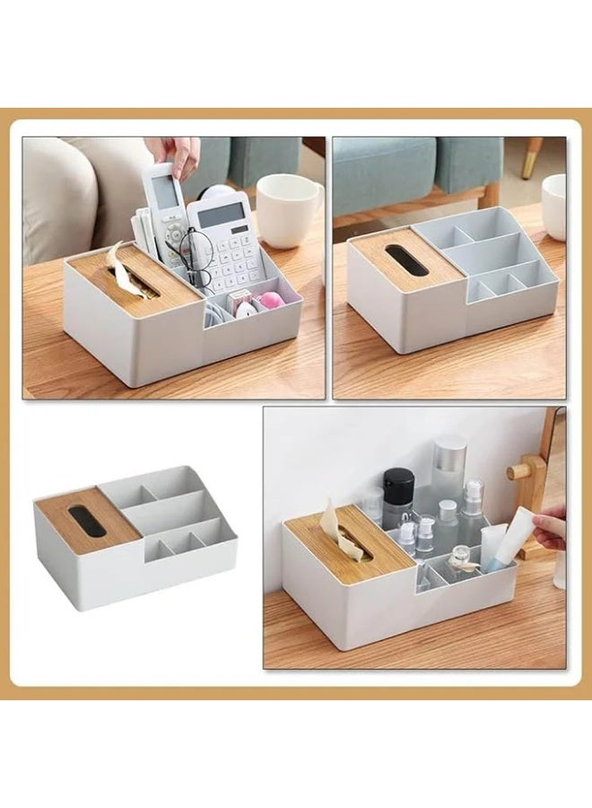 KITCHENOO 6-Compartment Plastic Tissue Box Organizer with Holder, Multifunctional Desk Storage for Remote, Phone, Pens - Home Office Cube Organizer with Multi-Use Sections - Image 3