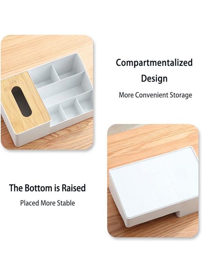 KITCHENOO 6-Compartment Plastic Tissue Box Organizer with Holder, Multifunctional Desk Storage for Remote, Phone, Pens - Home Office Cube Organizer with Multi-Use Sections - Image 5