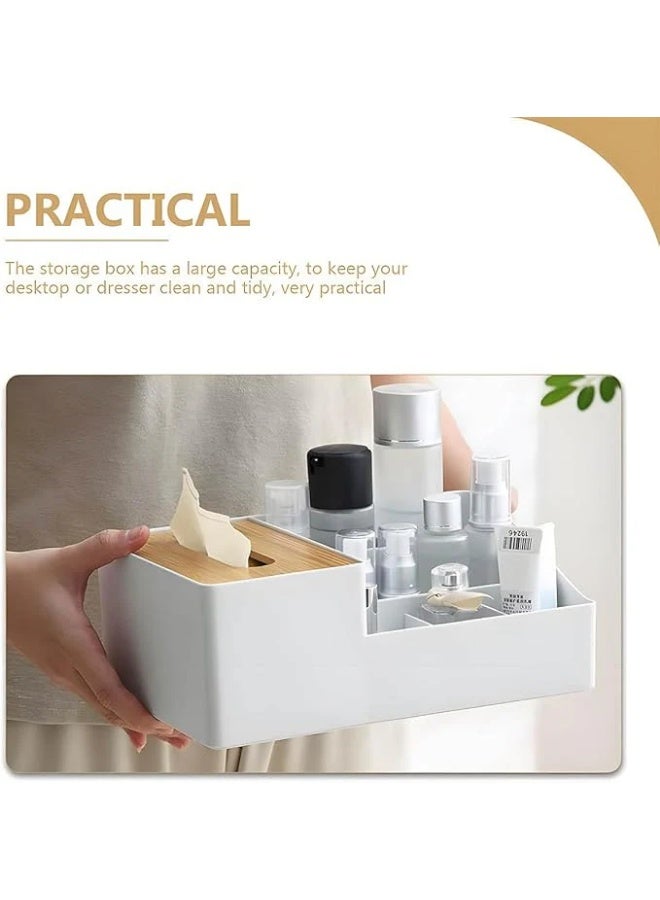 KITCHENOO 6-Compartment Plastic Tissue Box Organizer with Holder, Multifunctional Desk Storage for Remote, Phone, Pens - Home Office Cube Organizer with Multi-Use Sections - Image 4