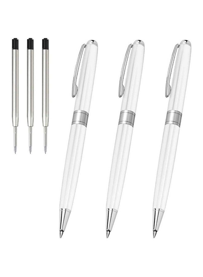 Cambond Ballpoint Pens Black Ink Metal Pens Stainless Steel Uniform Pens For Men Gift Business Police Flight Attendant 1.0 Mm Medium Point 3 Pens With 3 Extra Refills White - Image 1