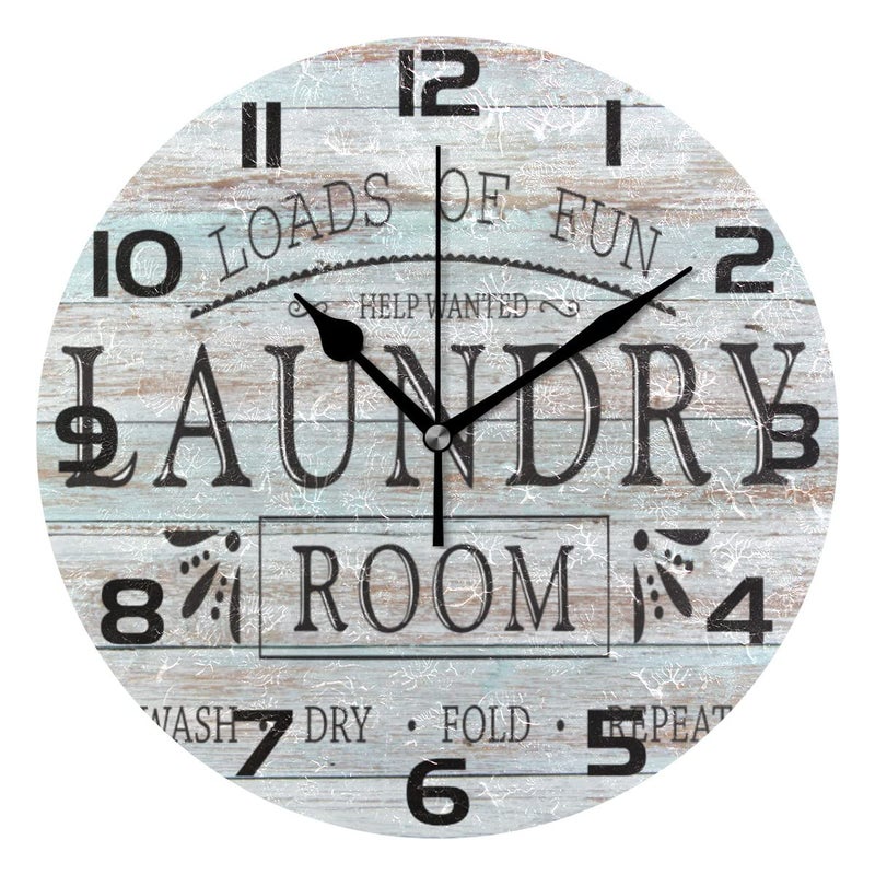 Glaphy Laundry Room Wood Clock Silent Wall Clock NonTicking Round Desk Clock Battery Operated for Home Office Bedroom Decor