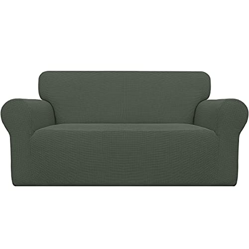 Easy-Going EasyGoing Stretch Loveseat Slipcover 1Piece Sofa Cover Furniture Protector Couch Soft with Elastic Bottom for Kids Polyester Spandex Jacquard Fabric Small Checks Loveseat Olive Green - Image 1
