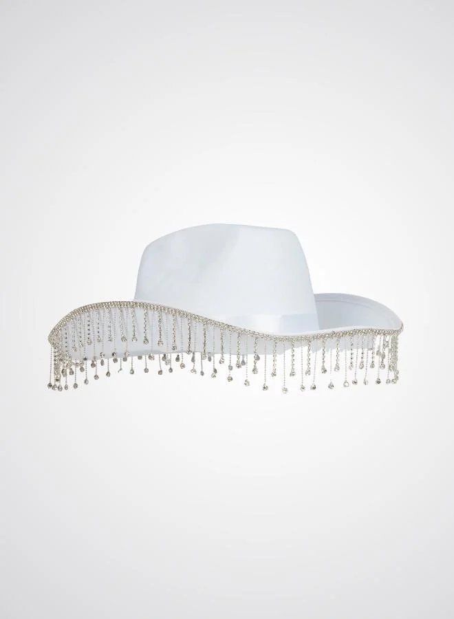 DAZED&ENGAGED White rhinestone tassel cowboy hat