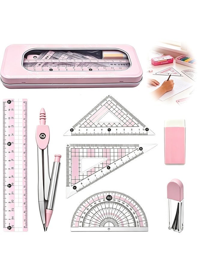 Wffo 8 Pieces Maths Set with Metal Box, Eraser, 0.7mm Refills, 15cm Ruler, Compass Geometry Tool Protractor and Compass Set, Degrees Set Squares and Protractor, Geometry Ruler Compass Set Great for Class Supplies Student School Supplies (Pink) - Image 1