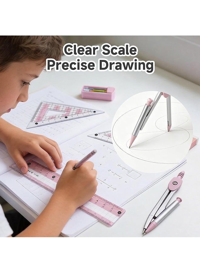 Wffo 8 Pieces Maths Set with Metal Box, Eraser, 0.7mm Refills, 15cm Ruler, Compass Geometry Tool Protractor and Compass Set, Degrees Set Squares and Protractor, Geometry Ruler Compass Set Great for Class Supplies Student School Supplies (Pink) - Image 4