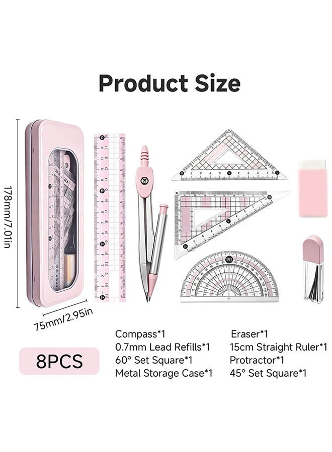 Wffo 8 Pieces Maths Set with Metal Box, Eraser, 0.7mm Refills, 15cm Ruler, Compass Geometry Tool Protractor and Compass Set, Degrees Set Squares and Protractor, Geometry Ruler Compass Set Great for Class Supplies Student School Supplies (Pink) - Image 2