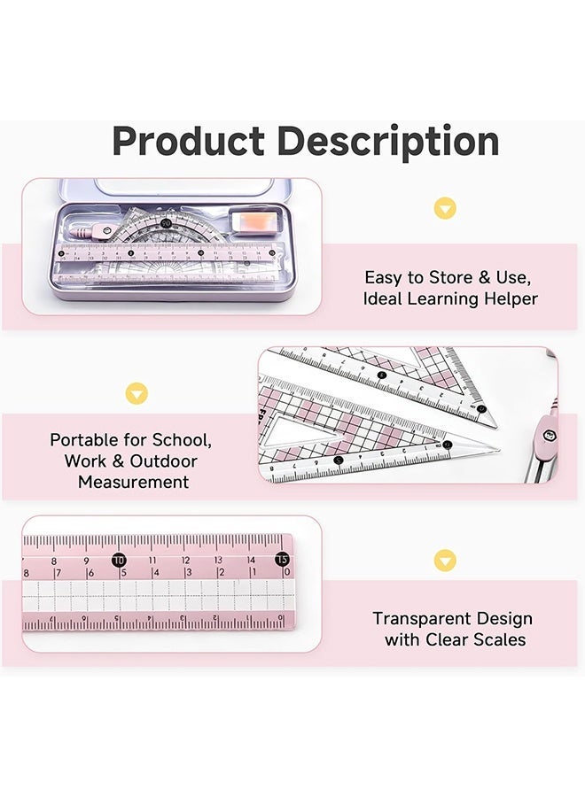 Wffo 8 Pieces Maths Set with Metal Box, Eraser, 0.7mm Refills, 15cm Ruler, Compass Geometry Tool Protractor and Compass Set, Degrees Set Squares and Protractor, Geometry Ruler Compass Set Great for Class Supplies Student School Supplies (Pink) - Image 3
