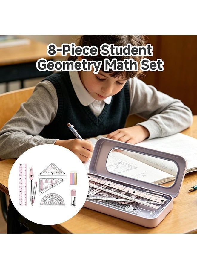 Wffo 8 Pieces Maths Set with Metal Box, Eraser, 0.7mm Refills, 15cm Ruler, Compass Geometry Tool Protractor and Compass Set, Degrees Set Squares and Protractor, Geometry Ruler Compass Set Great for Class Supplies Student School Supplies (Pink) - Image 5