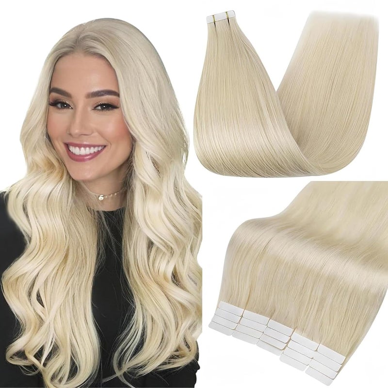 Full Shine Tape Hair Extensions Blonde Tape in Tapes 22 Inch Hair Extensions Tape in Human Hair Extensions 20Pcs 60 Platinum Blonde Natural Hair 50Grams Invisible Glue in Hair Extensions