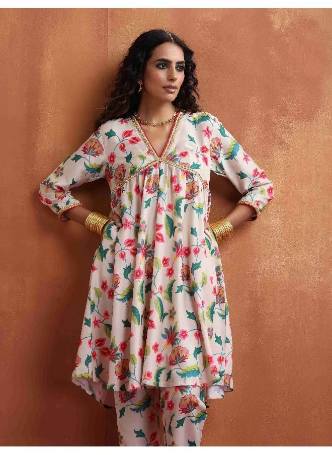 trueBrowns Off White Print Anarkali Kurta Co-ord Set