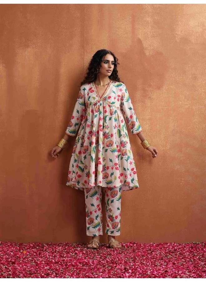 trueBrowns Off White Print Anarkali Kurta Co-ord Set