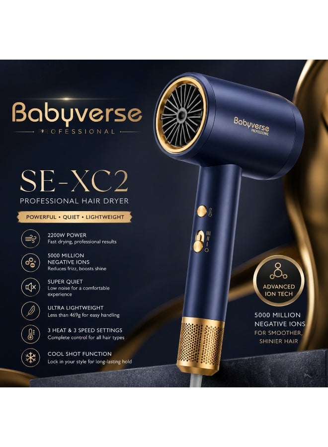 Babyverse SE-XC2 Professional Hair Dryer, 2200W, Negative Ion Technology, 3 Heat and Speed ​​Settings with Cool Shot Function, Lightweight and Quiet - Navy/Gold - Image 2