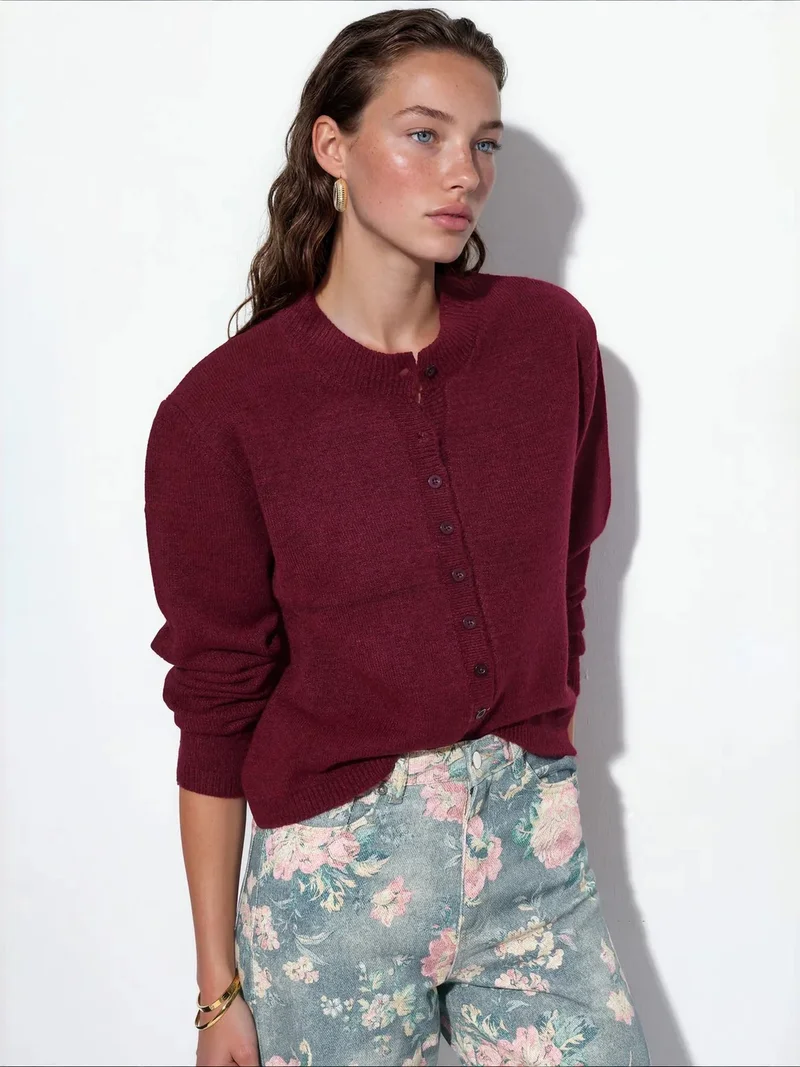 فيورنا VIORNA Ribbed Crew Neck Button Cardigan