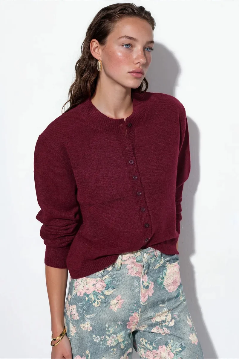 Viorna VIORNA Ribbed Crew Neck Button Cardigan