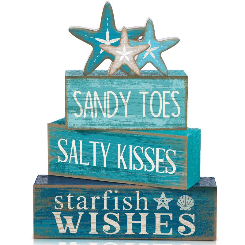 Yuntau 4 Pcs Summer Table Decorations Beach Tiered Tray Decor Starfish Coastal Rustic Wooden Block Sign Stacked Book Nautical Table Centerpiece for Farmhouse Home Living Room Office Desk Shelf Mantel - Image 1