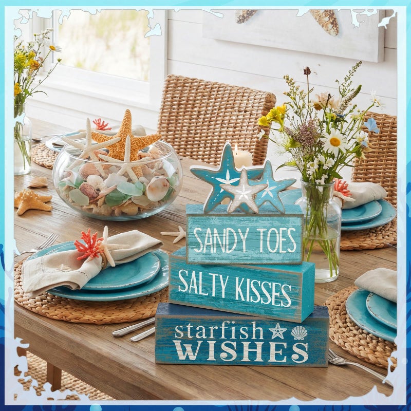 Yuntau 4 Pcs Summer Table Decorations Beach Tiered Tray Decor Starfish Coastal Rustic Wooden Block Sign Stacked Book Nautical Table Centerpiece for Farmhouse Home Living Room Office Desk Shelf Mantel - Image 3