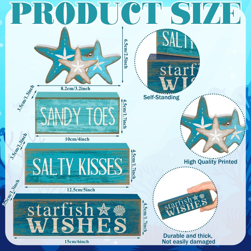 Yuntau 4 Pcs Summer Table Decorations Beach Tiered Tray Decor Starfish Coastal Rustic Wooden Block Sign Stacked Book Nautical Table Centerpiece for Farmhouse Home Living Room Office Desk Shelf Mantel - Image 2
