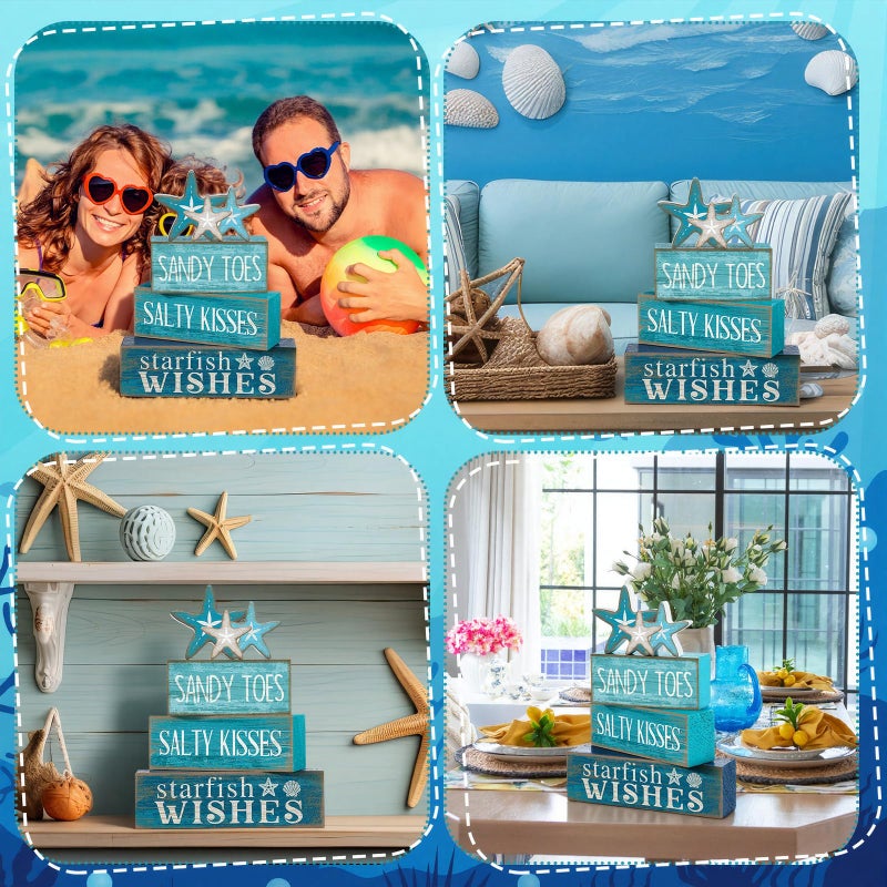 Yuntau 4 Pcs Summer Table Decorations Beach Tiered Tray Decor Starfish Coastal Rustic Wooden Block Sign Stacked Book Nautical Table Centerpiece for Farmhouse Home Living Room Office Desk Shelf Mantel - Image 5
