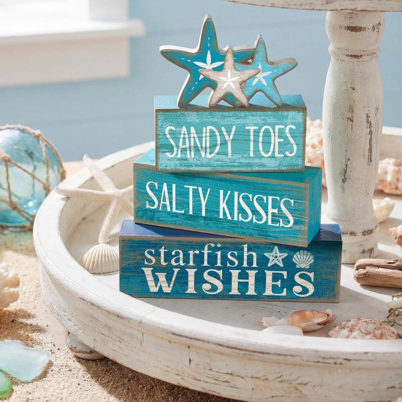 Yuntau 4 Pcs Summer Table Decorations Beach Tiered Tray Decor Starfish Coastal Rustic Wooden Block Sign Stacked Book Nautical Table Centerpiece for Farmhouse Home Living Room Office Desk Shelf Mantel - Image 4