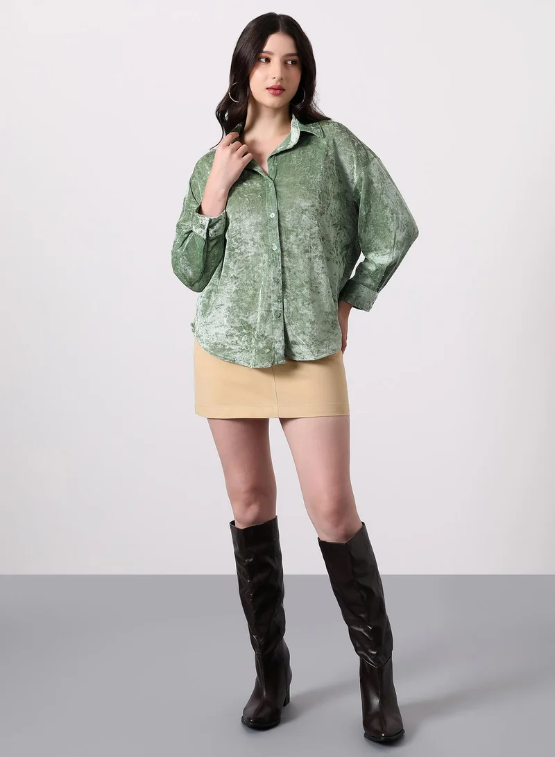 Pinacolada Women's Sage Green Solid Velvet Oversized Shirt Women's Sage Green Solid Velvet Oversized Shirt | نساء | أكمام طويلة | سادة | طوق منتشر | كاجوال كبير الحجم | قميص for Women | Best Price UAE