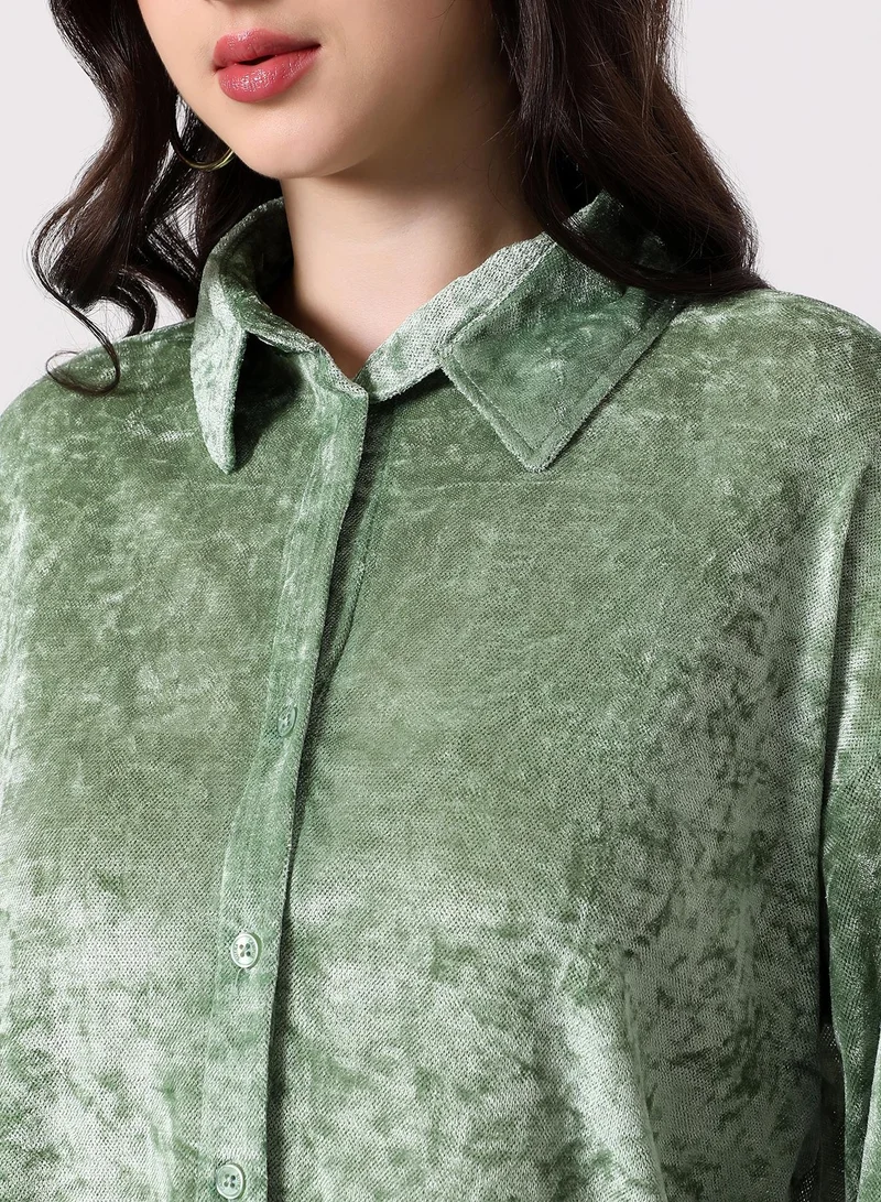 Pinacolada Women's Sage Green Solid Velvet Oversized Shirt Women's Sage Green Solid Velvet Oversized Shirt | نساء | أكمام طويلة | سادة | طوق منتشر | كاجوال كبير الحجم | قميص for Women | Best Price UAE