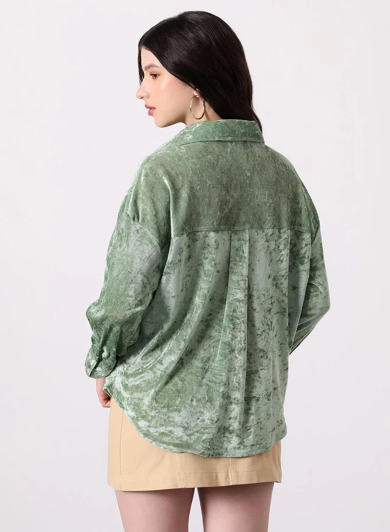 Pinacolada Women's Sage Green Solid Velvet Oversized Shirt Women's Sage Green Solid Velvet Oversized Shirt | نساء | أكمام طويلة | سادة | طوق منتشر | كاجوال كبير الحجم | قميص for Women | Best Price UAE