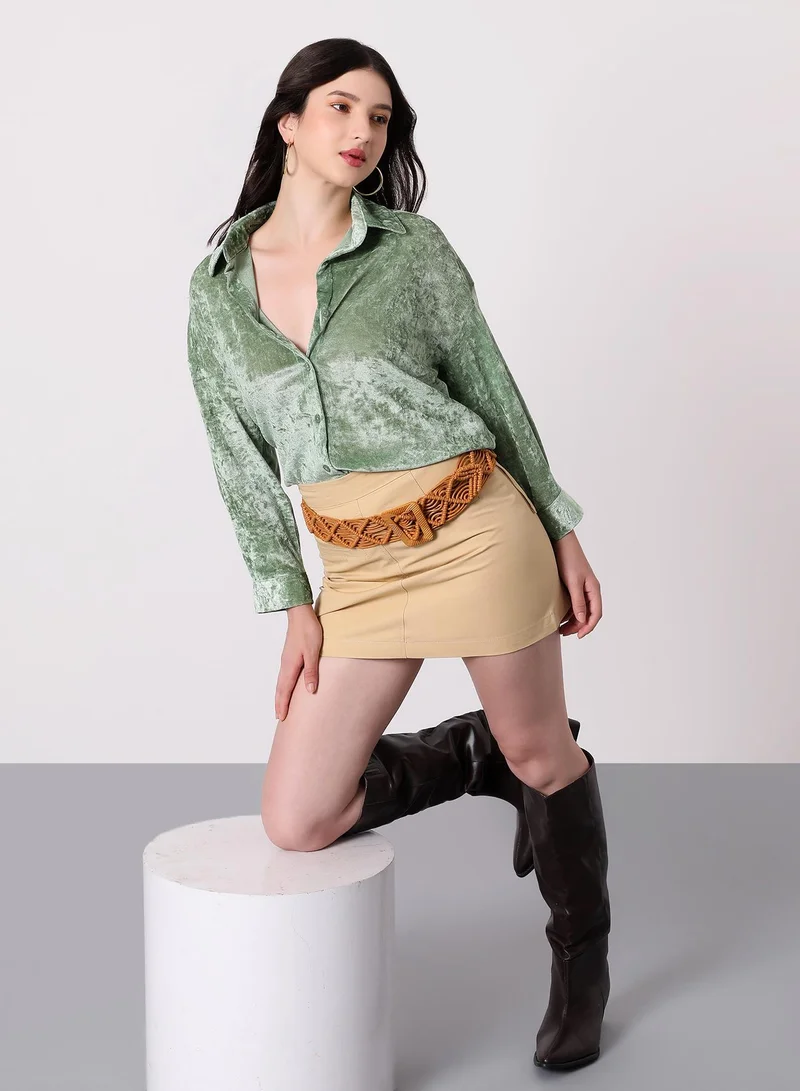 Pinacolada Women's Sage Green Solid Velvet Oversized Shirt Women's Sage Green Solid Velvet Oversized Shirt | نساء | أكمام طويلة | سادة | طوق منتشر | كاجوال كبير الحجم | قميص for Women | Best Price UAE