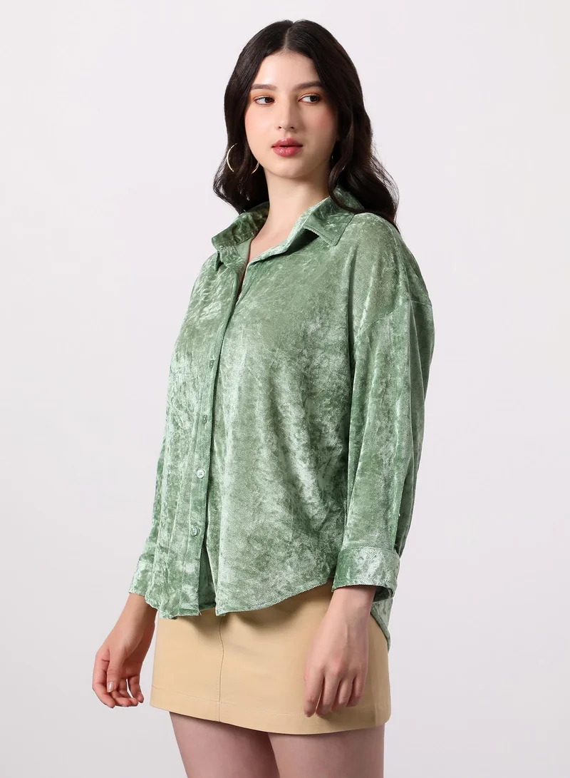 Pinacolada Women's Sage Green Solid Velvet Oversized Shirt Women's Sage Green Solid Velvet Oversized Shirt | نساء | أكمام طويلة | سادة | طوق منتشر | كاجوال كبير الحجم | قميص for Women | Best Price UAE