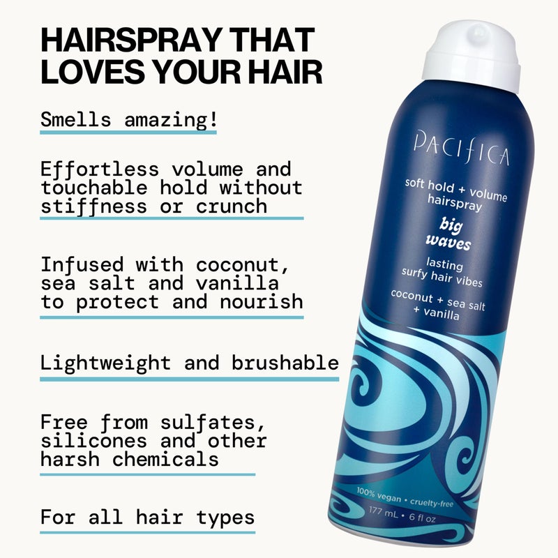 Pacifica Beauty Big Waves Coconut, Vanilla & Sea Salt Hairspray, Controls Frizz & Adds Volume, Designed for Wavy Hair, Vegan & Cruelty-Free, 6 Fl Oz - Image 3