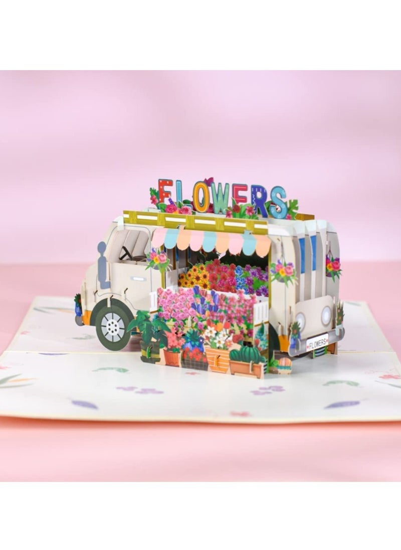 KASTWAVE - Flower Truck Pop Up Card Handmade 3D Greeting Cards for Mothers Day Wedding Anniversary Thank You Thinking of You Sympathy Get Well All Occasion - Image 1