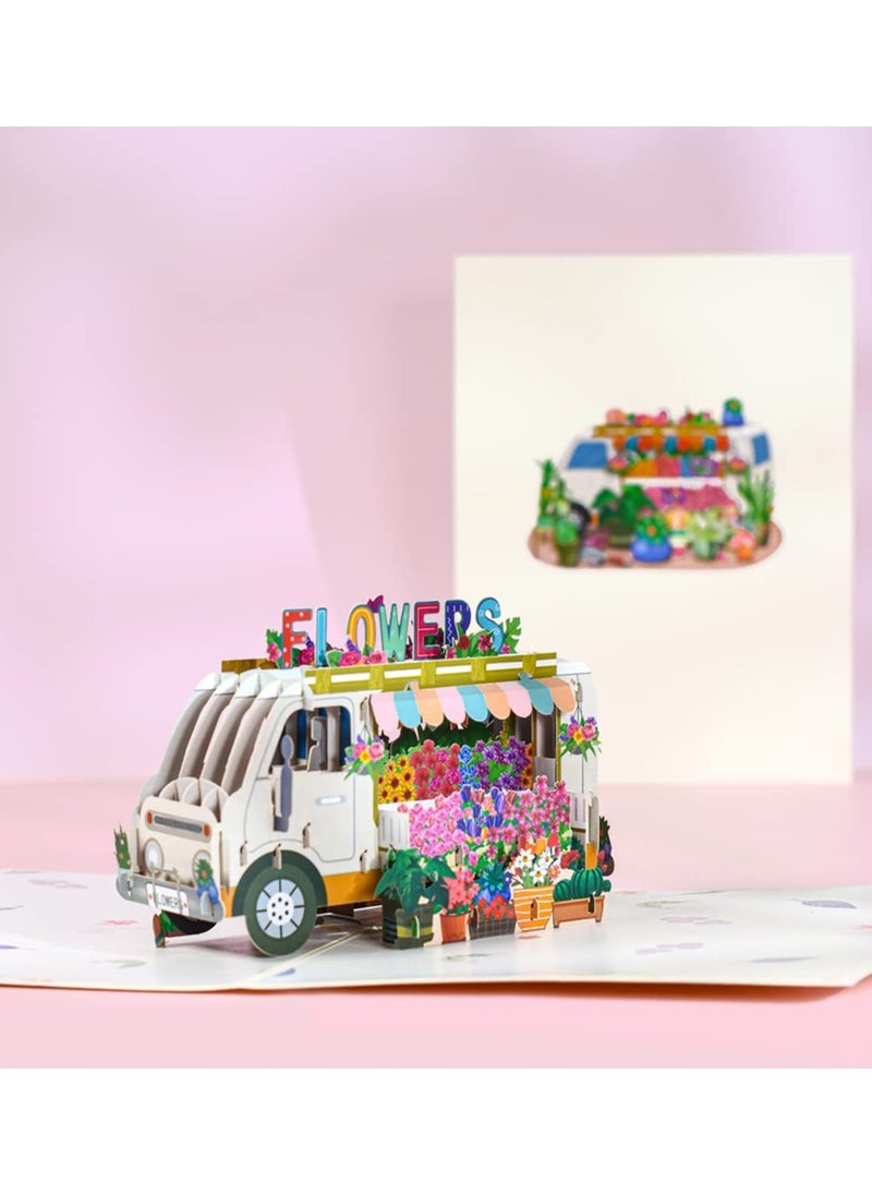 KASTWAVE - Flower Truck Pop Up Card Handmade 3D Greeting Cards for Mothers Day Wedding Anniversary Thank You Thinking of You Sympathy Get Well All Occasion - Image 1