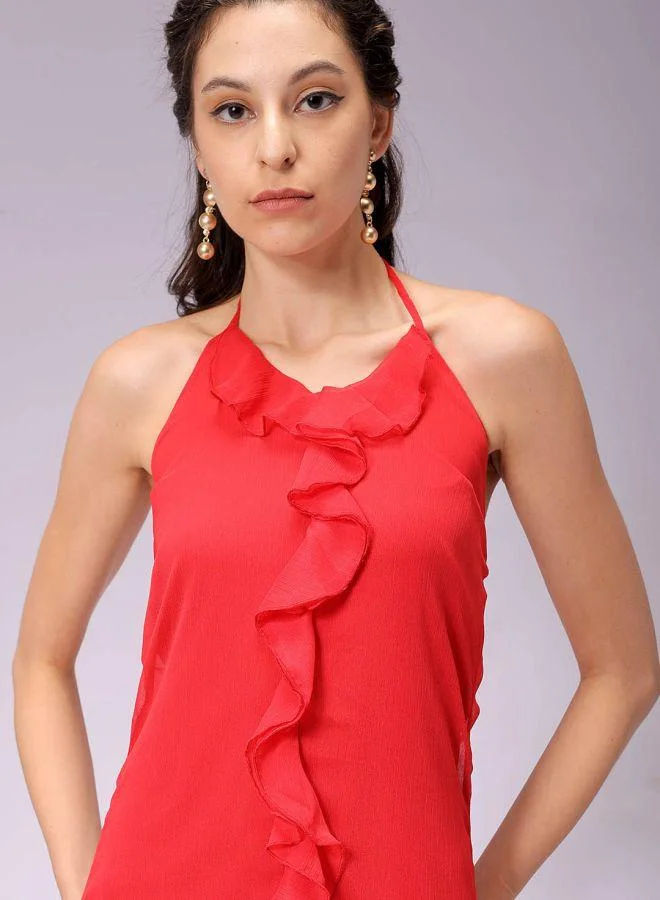 Freehand  Women Regular Fit Solid Halter Neck Sleeveless Ruffle Dress for Women | Best Price UAE