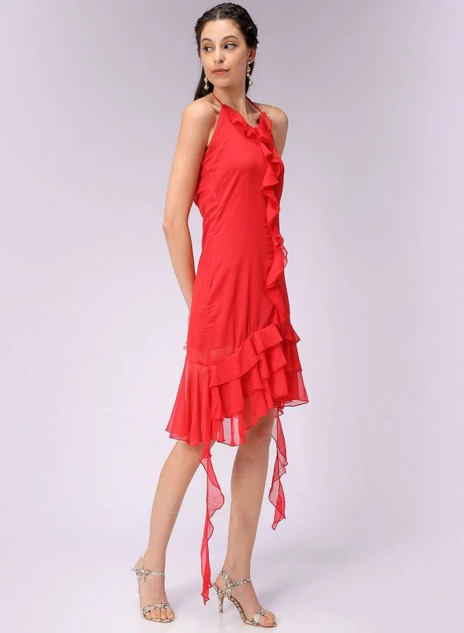 Freehand  Women Regular Fit Solid Halter Neck Sleeveless Ruffle Dress for Women | Best Price UAE