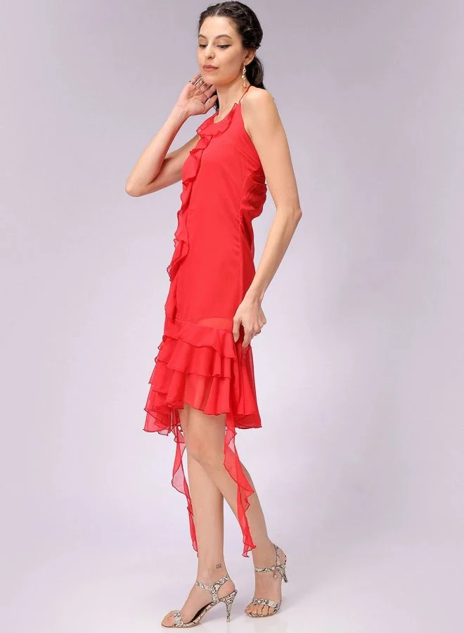 Freehand  Women Regular Fit Solid Halter Neck Sleeveless Ruffle Dress for Women | Best Price UAE
