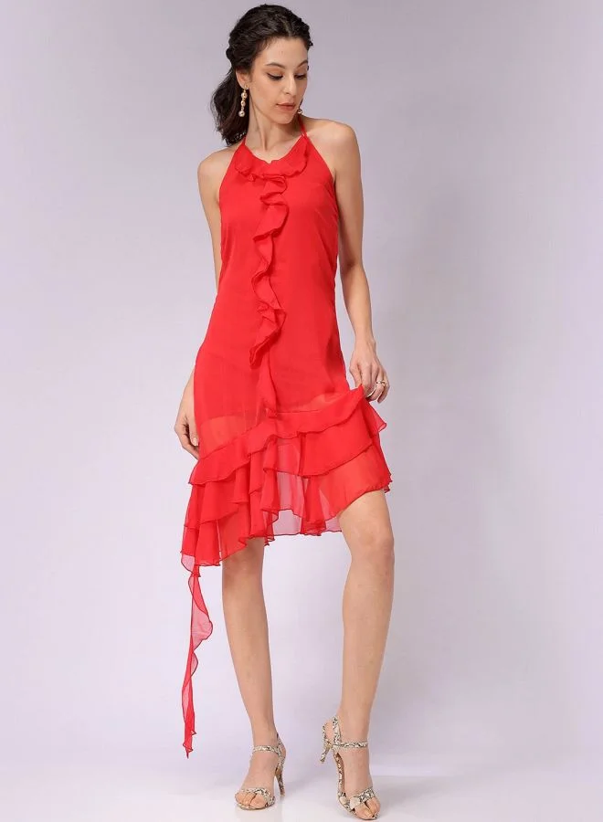 Women Regular Fit Solid Halter Neck Sleeveless Ruffle Dress
