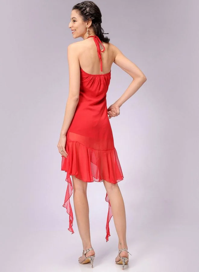 Freehand  Women Regular Fit Solid Halter Neck Sleeveless Ruffle Dress for Women | Best Price UAE