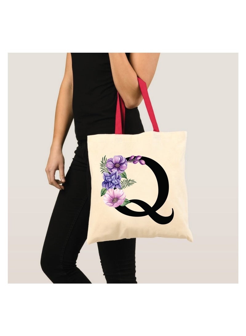 برينت شوب فور مي حقيبة حمل قطنية من القماش بأحرف أولية بمقبض أحمر-هدايا مثالية لوصيفات العروس-حقيبة الحفلات-حقائب قابلة لإعادة الاستخدام - Image 3