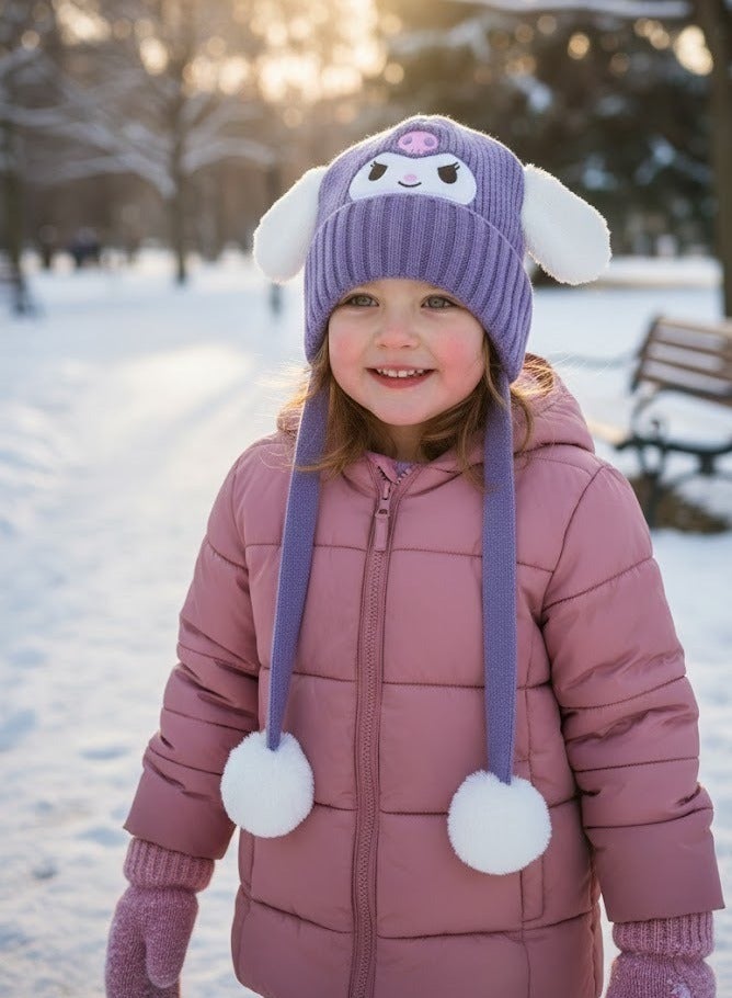 zoba Cute cartoon design winter hat for kids - soft wool hat with a push mechanism to move the ears - interactive and fun for children - warm and lightweight with push balls at the ends - suitable for girls and boys (Purple) - Image 2