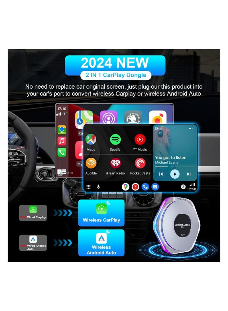 Wireless CarPlay and Android Auto Adapter, 2024 Plug & Play Magic Box for iOS 10+ and Android 11+, Includes USB-C and USB-A Cables, Easy Connection for Your Phone. - Image 3