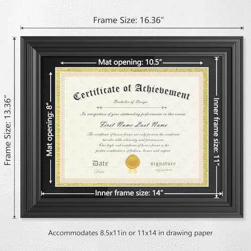 Abtgt 11x14 Diploma Frame Certificate Degree Document Frame with High Definition Glass, with Black and Gold Mat Display 8.5x11 or without Mat Display 11x14, for Wall and Tabletop, Black - Image 3
