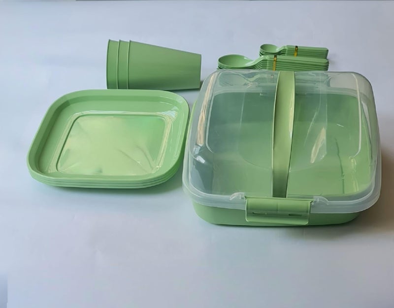 Airtight Plastic Lunchbox with Tableware 36 Pieces - Snack Box 6 Plates, 6 Cups, 6 Spoons, 6 Forks, 6 Knives, 6 Tea Spoons (Apple Green) - Image 1