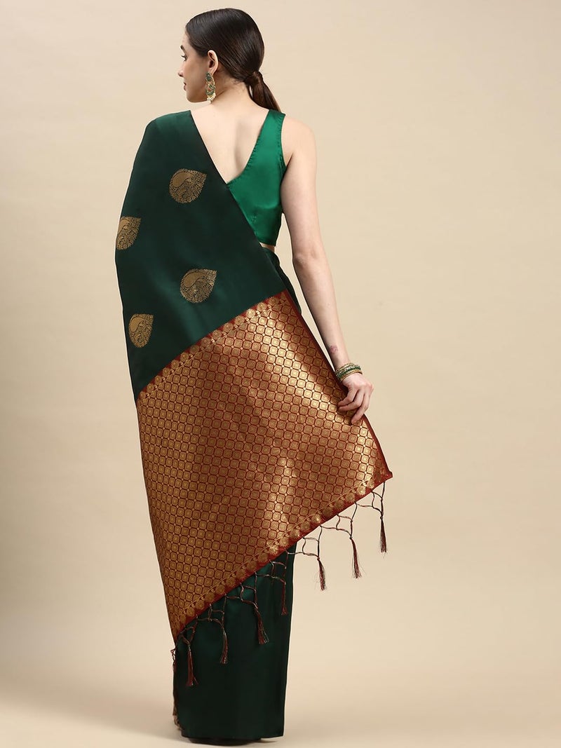 AMIRAT Women's Soft Litchi Silk Banarasi Saree and Unstitched Blouse Piece with Copper Zari | Sari for Wedding | Bottle Green - Image 4