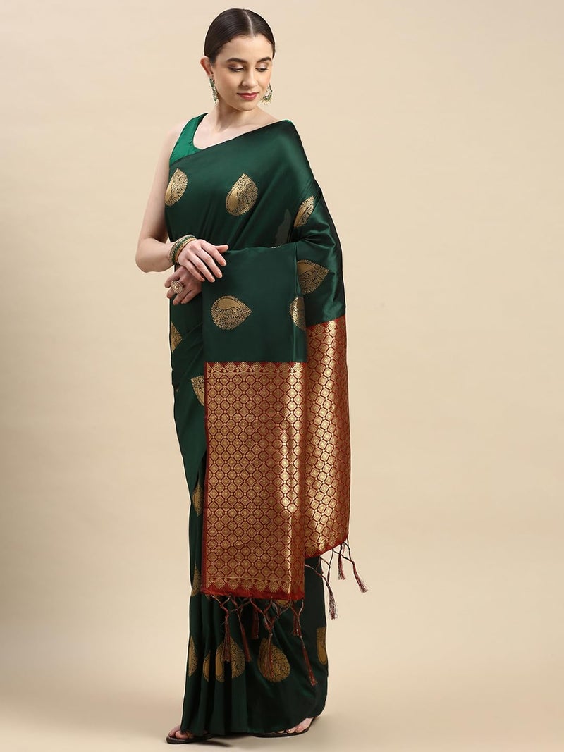 AMIRAT Women's Soft Litchi Silk Banarasi Saree and Unstitched Blouse Piece with Copper Zari | Sari for Wedding | Bottle Green - Image 2
