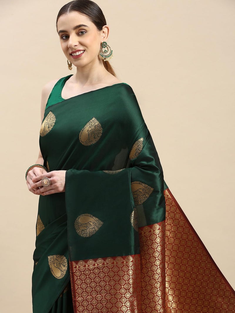 AMIRAT Women's Soft Litchi Silk Banarasi Saree and Unstitched Blouse Piece with Copper Zari | Sari for Wedding | Bottle Green - Image 3