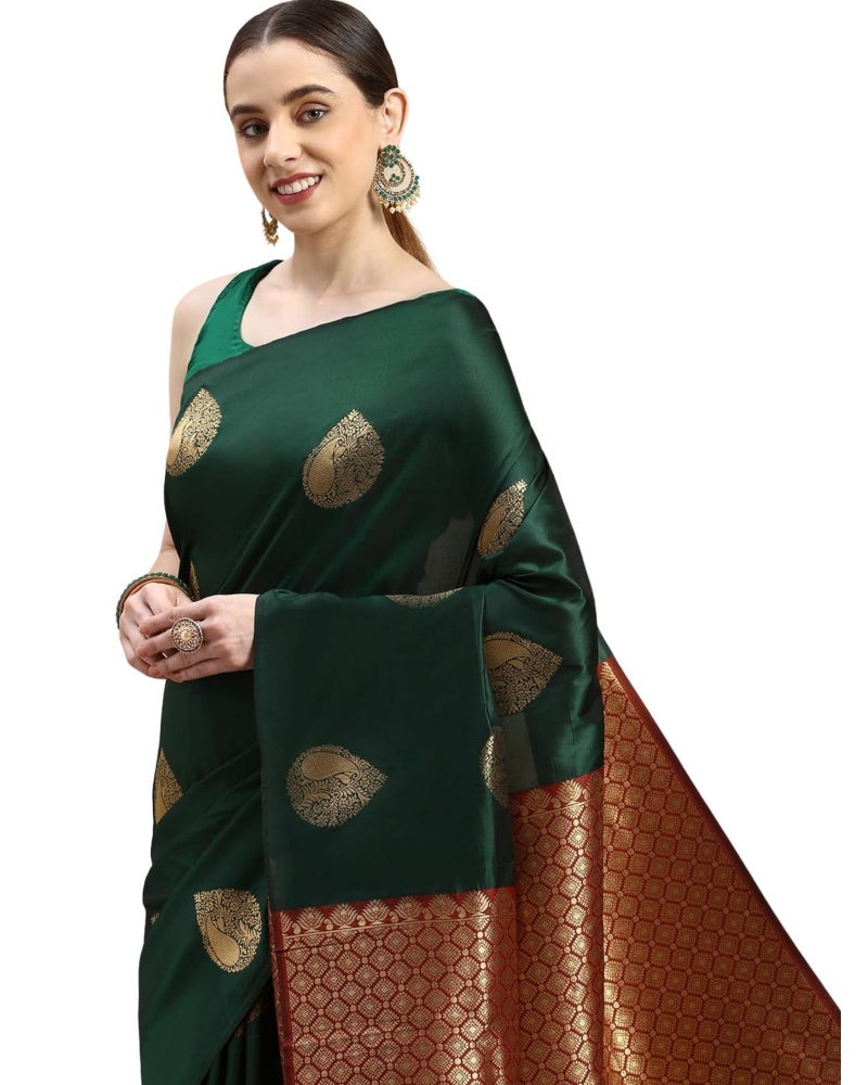 AMIRAT Women's Soft Litchi Silk Banarasi Saree and Unstitched Blouse Piece with Copper Zari | Sari for Wedding | Bottle Green - Image 1