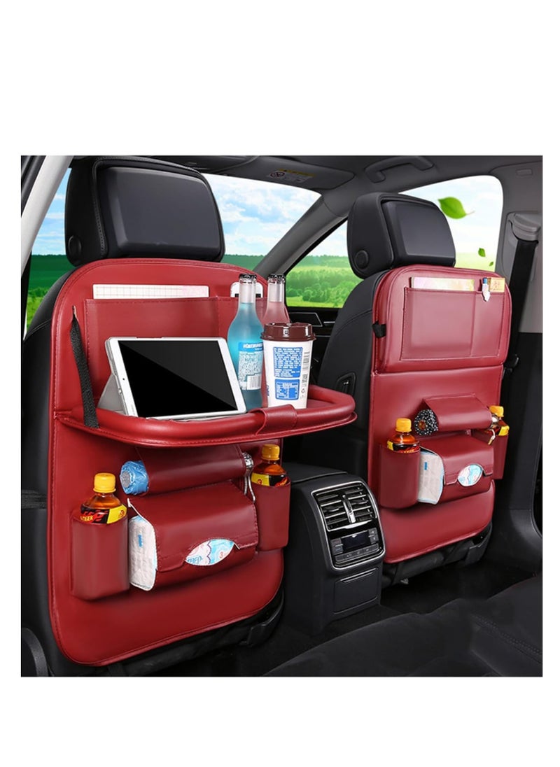 SYOSI Car Back Seat Organizer, 2 Pack Pu Leather Car Back Seat Organizer, with Foldable Table Tray, Babies Toys Storage with Foldable Dining Table Holder, Pocket with Touch Screen Tablet Holder (Red)  - Image 1