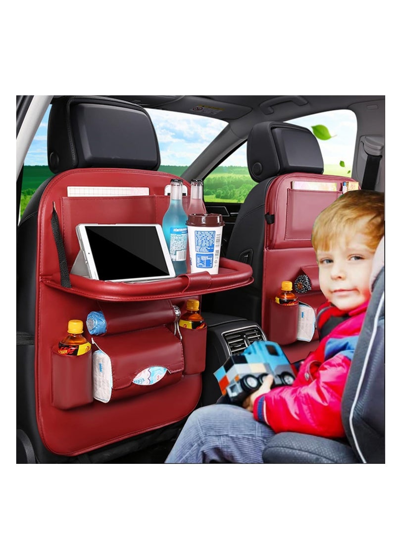 SYOSI Car Back Seat Organizer, 2 Pack Pu Leather Car Back Seat Organizer, with Foldable Table Tray, Babies Toys Storage with Foldable Dining Table Holder, Pocket with Touch Screen Tablet Holder (Red)  - Image 2