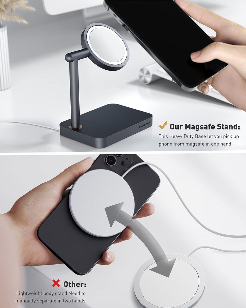 Maxonar Mag Safe Charger Stand Heavy-Duty Premium Metal Desktop Holder Mag Safe Dock Base Compatible with iOS17 Standby Mode Mag Safe Wireless Charger for iPhone 15 14 Series Device (Space Grey) - Image 3